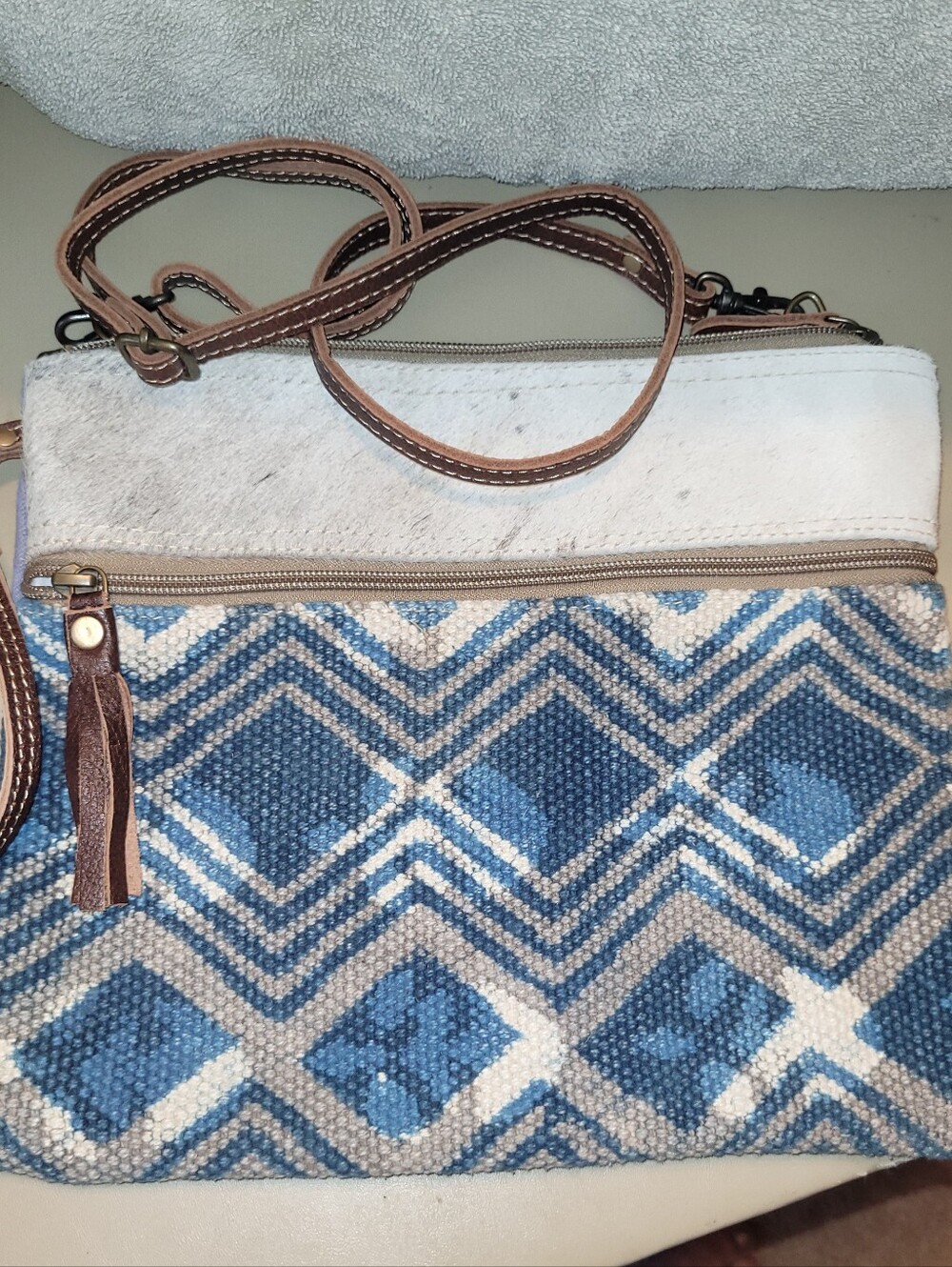 Myra Bag - Canvas & Leather Blue Geometric Crossbody Bag with Contrast Trim.